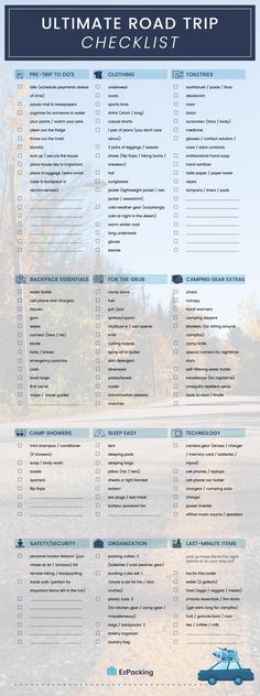 the ultimate road trip checklist is shown in blue and white, with an image of a