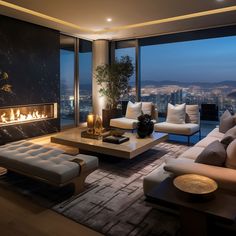 a living room with couches, tables and a fire place in front of large windows