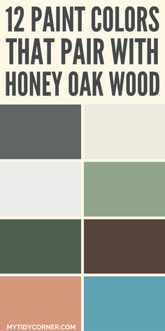 Collage of paint colors that go well with honey oak wood. Wood Stain And Paint Combinations, Paint Color Schemes With Honey Oak, Wall Paint For Honey Oak Cabinets, Living Room Paint Color Ideas With Honey Oak Trim, Orange Hardwood Floors Paint Colors, Behr Paint With Honey Oak, Sage Green Kitchen Walls With Honey Oak Cabinets, Paint Colors For Orange Wood Floors, Paint That Goes With Honey Oak