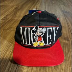 90s Mickey Unlimited Hat With The Tag Still On. Snapback Style Hat. Disney. Red Mickey Mouse Adjustable Hat, Adjustable Red Mickey Mouse Hat, Casual Mickey Mouse Baseball Cap, Casual Black Mickey Mouse Hat, Black Mickey Mouse Cap, Mickey Mouse Baseball Cap, One Size Fits Most, Retro Black Baseball Cap, Vintage Black Baseball Cap For Winter, Retro Black Snapback Hat