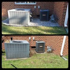 two different air conditioners in front of a brick building and one with a heat pump