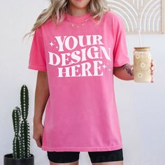 Pink Relaxed Fit Shirt With Custom Print, Pink Relaxed Fit T-shirt With Branding, Pink Crew Neck Shirt With Custom Print, Pink Cotton Shirt With Branding, Stolen Image, Watermark Design, Shirt Mockup, Save Image, Discount Code