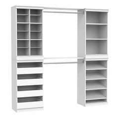 an empty white closet with shelves and shelving unit on the side, isolated against a white background