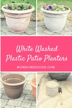 white washed plastic patio planters with text overlay that reads, white washed plastic patio planters