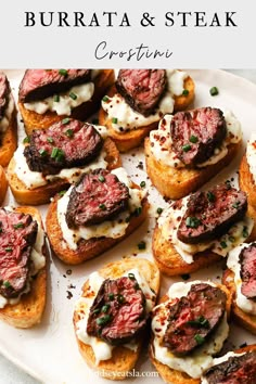 a white plate topped with mini sandwiches covered in meat and cream cheese on top of bread