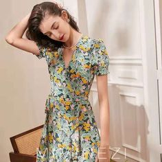 Size: Slength98cm, Shoulder 34cm, Bust 86cm, Waist: 68cm, Sleeve: 22cm Feminine Green Midi Dress With Short Sleeves, Green Short Sleeve Feminine Midi Dress, Fitted Floral Mid-length Summer Dress, Fitted Mid-length Floral Summer Dress, Feminine Green Short Sleeve Midi Dress, Mid-length Floral Print Mini Dress For Summer, Green Short Sleeve Summer Floral Dress, Green Mid-length Mini Dress For Spring, Green Floral Short Sleeve Dress For Summer