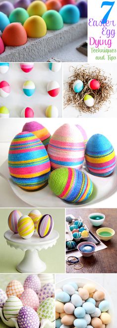 colorfully painted eggs are displayed on plates