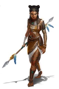 an image of a woman dressed in costume holding a spear and wearing feathers on her head