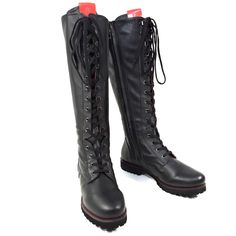 Made In Italy Leather Upper Leather And Monotone Fur Lining Vibram Sole Hand Made Black Leather Boots With Red Sole, Black Lace-up Boots With Red Sole, Winter Fashion Boots, Low Block Heels, Fashion Winter, Biker Style, Black Leather Boots, Easy Wear, Lace Up Boots