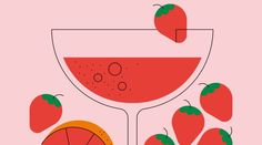 a pink background with orange slices and strawberries in a wine glass filled with liquid