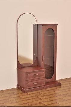 a small wooden cabinet with a mirror on it's top and drawers below the door