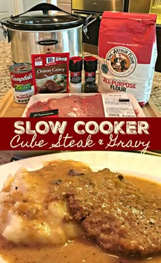 slow cooker steak and gravy recipe on a plate