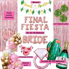 the final fiesta bridal is in pink, gold and green with flamingo balloons