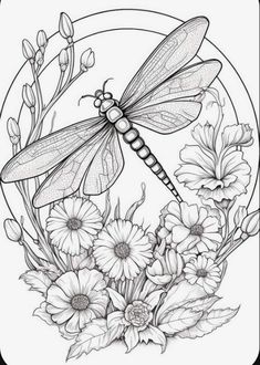 a drawing of a dragonfly sitting on top of flowers and daisies in a circle