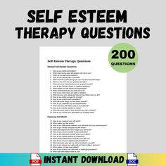 Empower your clients with our "200 Self-Esteem Therapy Questions," a comprehensive resource designed to enhance self-awareness and build confidence.  Perfect for therapists, counselors, and mental health professionals, these questions facilitate meaningful discussions and self-reflection.  Available in both PDF and Word formats, these questions are easy to use, editable, and searchable, making your sessions more effective and engaging. Key Features: Extensive Collection: 200 thoughtfully crafted self-esteem therapy questions. Formats: Available in PDF 📄 and Word 📝 formats for ease of use and customization. Searchable and Editable: Easily find and modify questions to fit your needs. Immediate Access: Instant download ⚡ for quick integration into your practice. Ideal For: Therapists  Couns Therapist Questions, Counseling Questions, 200 Questions, Therapy Questions, Counseling Techniques, Friendship Group, Coaching Questions, Mental Health Activities, Gratitude Journal Prompts