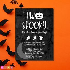 two spooky halloween party card with bats and pumpkins on an orange background