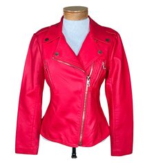 V Cristina Faux Red Leather Moto Jacket With Gold Colored Hardware Small Nwt New With Tags Asymmetrical Front Zipper 2 Zippered Chest Pockets Epaulettes On The Shoulders Fully Lined In An Animal Print Approximate Measurements Laying Flat: Armpit To Armpit 17” Length From Shoulder To Bottom Front 22”, Bottom Back 21” New With Tags In Excellent Condition Casual Leather Jacket With Side Zipper For Spring, Spring Biker Jacket With Asymmetrical Zip, Moto Style Outerwear With Asymmetrical Zip For Spring, Trendy Spring Biker Jacket With Side Zipper, Fitted Leather Jacket With Side Zipper For Spring, Spring Biker Jacket With Side Zipper, Red Edgy Outerwear With Zipper Closure, Chic Spring Biker Jacket With Side Zipper, Chic Biker Jacket With Side Zipper For Spring