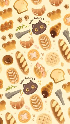 an image of breads and pastries on a white background that is very cute