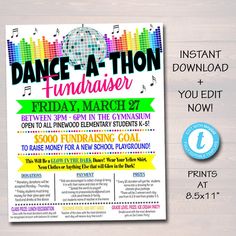 a flyer for the dance at thodiaser event with music notes and rainbow colors