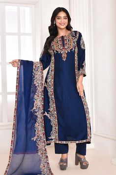 Navy blue straight kurta featuring multi-color floral bloom embroidery. Paired with matching pant and dupatta with floral embroidered border., Fit: Relaxed Bloom Embroidery, Navy Blue Kurta, Kurta Embroidery, Embroidered Salwar, Pink Dupatta, Blue Kurta, Sanya Malhotra, Kurta Set For Women, Silk Kurta