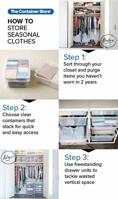 the instructions for organizing and storing clothes in an organized closet with clear bins on each side