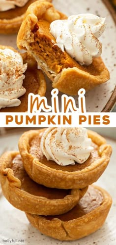 mini pumpkin pies are stacked on top of each other and topped with whipped cream