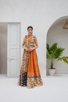 Designer Chanderi Choli With Printed Motifs, Festive Chanderi Choli With Printed Motifs, Diwali Printed Chanderi Nehru Jacket, Diwali Chanderi Nehru Jacket With Printed Motifs, Diwali Nehru Jacket With Printed Motifs In Chanderi, Bohemian Orange Sets With Printed Motifs, Orange Silk Dupatta For Reception, Festive Nehru Jacket With Printed Motifs For Diwali, Orange Bohemian Set For Eid