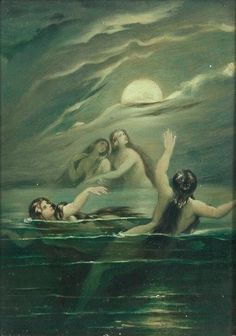 an oil painting of two men in the water with a full moon behind them,