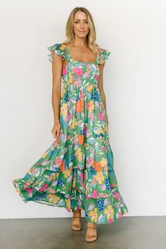 Monte Tiered Maxi Dress | Green Multi | Baltic Born Multicolor Maxi Dress With Smocked Back For Garden Party, Multicolor Square Neck Maxi Dress For Beach, Green Square Neck Maxi Dress For Beach, Green Square Neck Maxi Dress For Vacation, Multicolor Square Neck Dress With Smocked Back, Multicolor Fitted Maxi Dress With Square Neck, Fitted Multicolor Maxi Dress With Square Neck, Summer Multicolor Square Neck Maxi Dress, Casual Green Maxi Dress With Square Neck