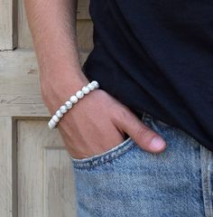 Men's bracelet, White bracelet men, Beaded bracelet men, Adjustable bracelet, White howlite, Healing bracelet men, Fathers day gift An adjustable natural gemstone bracelet made with 5 mm white howlite gemstone beads. The beads have a a white powdery color palette with gray streaks and come with a whole host of healing benefits that soothes the body, mind, and spirit. The bracelet is super comfortable, adjustable and will fit any wrist. ⊹ D e t a i l s White howlite Adjustable length: 22-30 cm | 8.66-11.811 inch All jewelry arrive in gift boxes For more men's bracelets: https://www.etsy.com/il-en/shop/closeupjewelry?ref=profile_header§ion_id=39833704 Thanks for stopping by, Tamar Color Palette With Gray, Men Beaded Bracelet, Gray Streaks, White Beaded Necklaces, Mens Earrings Hoop, White Bracelet, Hippie Bracelets, White Bracelets, Bracelet Men