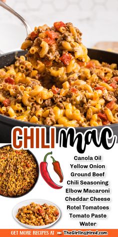 an advertisement for chili macaroni and cheese with the words chilli mac on it