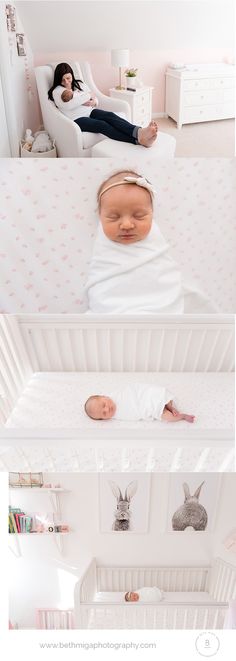 a baby laying on top of a bed next to a woman sleeping in a crib