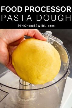 a person holding a doughnut in a food processor with the words, food processor pasta dough