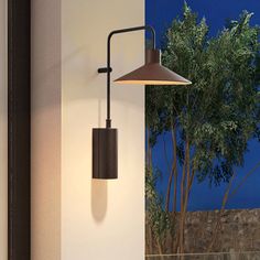 an outdoor wall light with a tree in the background