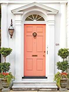 a red door with two planters in front of it