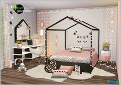 a bedroom with pink and black decor on the walls