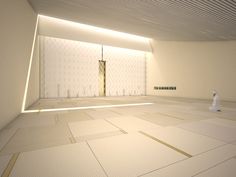 an empty room with white walls and floor tiles on the floor is lit by lights