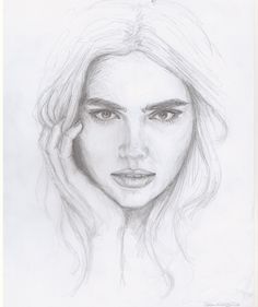 a pencil drawing of a woman's face with her hand on her head, looking to the side