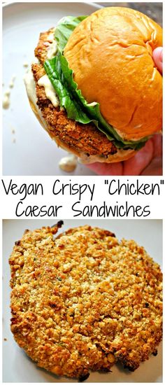 two pictures with the words vegan crispy chicken caesar sandwiches on top and bottom