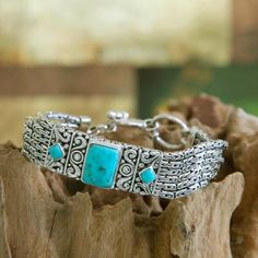 Sterling Silver and Reconstituted Turquoise Bracelet - Sweet Paradise | NOVICA Fine Silver Jewelry, Sterling Silver Bangle Bracelets, Wristband Bracelet, Silver Jewelry Design, Handcrafted Bracelets, Silver Jewellery Sets, Silver Heart Necklace, Silver Jewelry Rings, Silver Bangle Bracelets