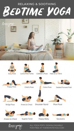 a woman doing yoga poses on her bed with the text relax and soothing bedtime yoga