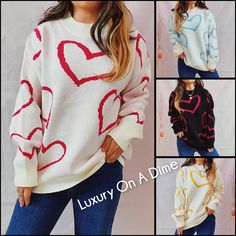 Cozy Crew Neck Sweater With Heart Print, White Heart Sweater For Winter, Cute Heart Print Crew Neck Sweater, Cute Winter Sweater With Heart Print, Cute Heart Print Winter Sweater, Trendy Heart Graphic Sweater For Fall, Knit Long Sleeve Tops With Heart Print, Long Sleeve Knit Tops With Heart Print, White Heart Print Sweater For Winter