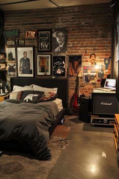 a bed room with a neatly made bed and pictures on the wall