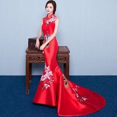 Top Rated Cheongsam QiPao Chinese Women Wedding Dress Embroidery Evening Party Long Dress, Womens Clothing Qipao Wedding Dress, Mermaid Wedding Dress Lace, Wedding Qipao, Wedding Dress Modern, Wedding Cheongsam, Qipao Wedding, Red Qipao, Modern Cheongsam, Chinese Wedding Dress