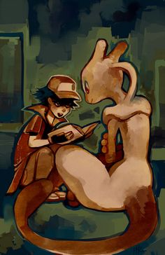 a painting of a person sitting next to a large animal with a book in his hand