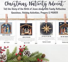 christmas nativity adverts displayed on clothes pins with pine cones and evergreen branches