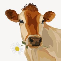 a close up of a cow with a flower in its mouth