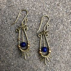 Handmade Earrings, Laton, Lapislazuli Made in Mexico Blue Beaded Brass Earrings With Ear Wire, Blue Brass Beaded Earrings With Ear Wire, Artisan Blue Brass Earrings, Blue Brass Earrings For Pierced Ears, Handmade Lapis Lazuli Bohemian Earrings, Bohemian Lapis Lazuli Earrings, Elegant Lapis Lazuli Wire Wrapped Earrings, Elegant Wire Wrapped Lapis Lazuli Earrings, Handmade Gold Lapis Lazuli Earrings