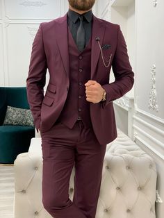 Suit Material: 65% Polyester, 32% Viscose, 3% Lycra Machine Washable: No Fitting: Slim-fit Cutting: Single Button, Double Slits Package Include: Jacket, Vest and Pants Gifts: Pocket Square, Chain and Neck Tie Dry Clean Only Peak Lapel Suit, Terno Slim Fit, Maroon Suit, Terno Slim, Vest And Pants, Men's Business Suits, Pants Gift, Burgundy Suit, Claret Red