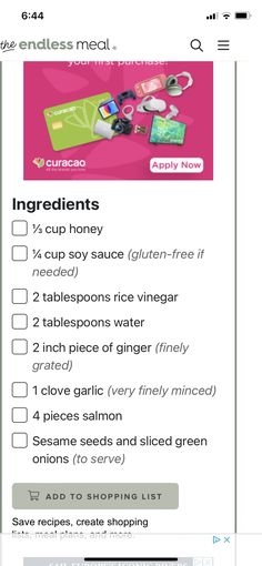 the ingredients list for this recipe are displayed on an iphone screen, with text below it